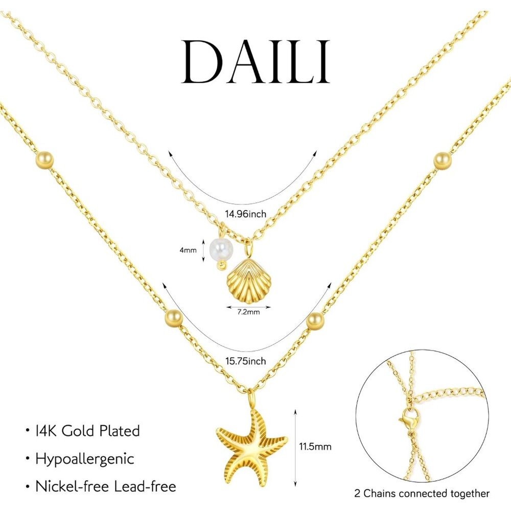Shell Necklace for Women,14k Gold Plated Layered Starfish Conch SeaShell Pearl P - Picture 2 of 6